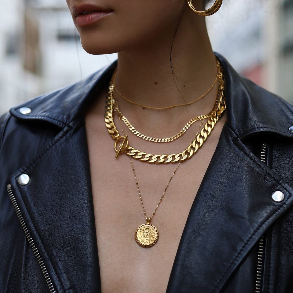 woman wearing leather jacket and chunky chains necklaces for zoom ready jewelry
