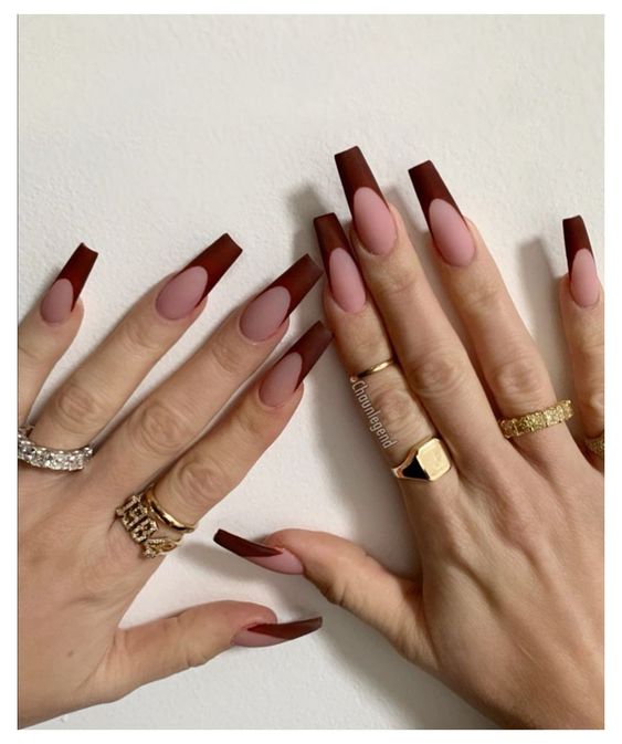 woman's Nail Trends in 2021 with pink and brown nail polish 